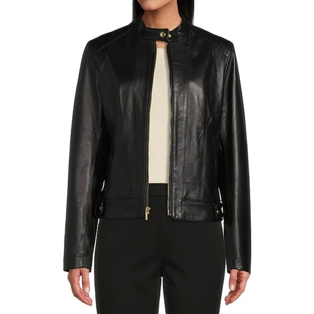 Cole Haan Single Breasted Lambskin Leather Racer Snap Collar Jacket (NEW)